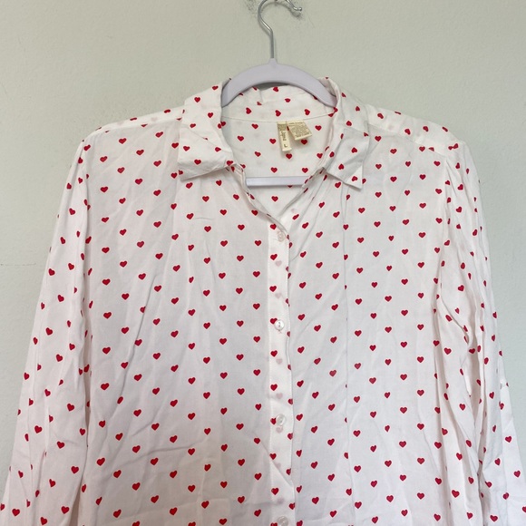 Japna Heart Print Button Front Collared Shirt Preppy White/Red Size Large - Picture 2 of 8